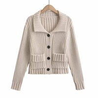 Vintage style heavy lapel double pocket single breasted knit sweater - Thumbnail 2