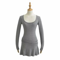 U-neck long-sleeved dress new autumn design pleated waist slim hip short skirt - Thumbnail 2