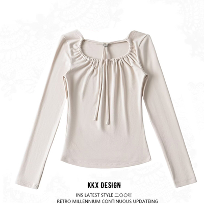 Lace-up long-sleeved top u-neck sexy slim-fit niche t-shirt