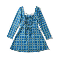 Vintage Print Slim Fit Long Sleeve Mini Dress French Square Neck Chic Open Back Dress - Thumbnail 1