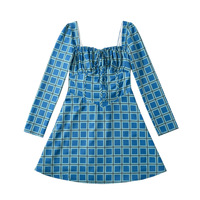 Vintage Print Slim Fit Long Sleeve Mini Dress French Square Neck Chic Open Back Dress - Thumbnail 2
