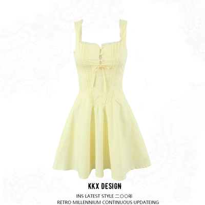 Square neck chic back drawstring suspender dress sweet lace stitching sexy slim mini skirt