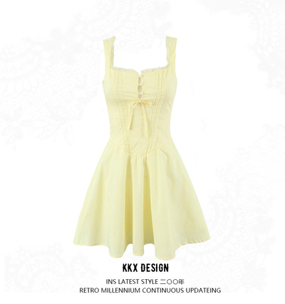 Square neck chic back drawstring suspender dress sweet lace stitching sexy slim mini skirt