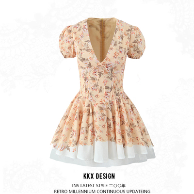 Pastoral style printed mini skirt french deep v cute puff sleeve short dress