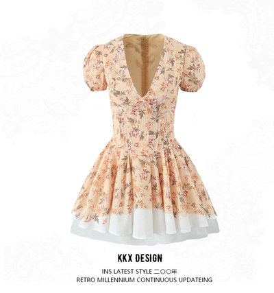 Pastoral style printed mini skirt French deep V cute puff sleeve short dress