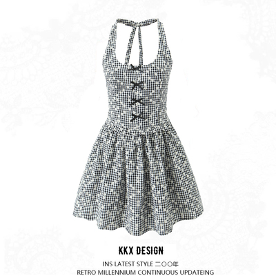 Retro u-neck sleeveless halter neck plaid backless embroidered short dress