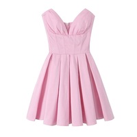 Deep V-neck waist pleated mesh fluffy backless pink tube top dress - Thumbnail 2
