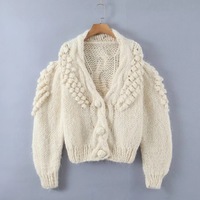 Purely handmade trendy flower sweater coat heavy puff sleeve knitted cardigan - Thumbnail 2