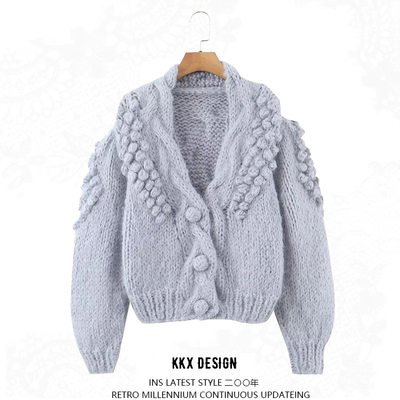 Purely handmade trendy flower sweater coat heavy puff sleeve knitted cardigan