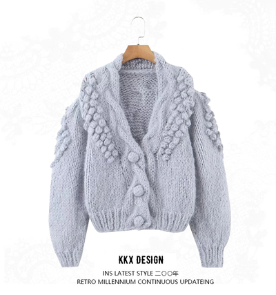 Purely handmade trendy flower sweater coat heavy puff sleeve knitted cardigan