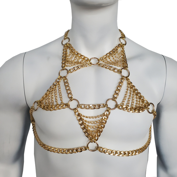 Rave Gold Men Body Chest Chain Harness, Burning Man Festival Chain Body Harness
