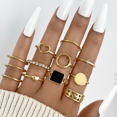 Women metal gold plated geometric hollow finger ring jewelry gift new rings set