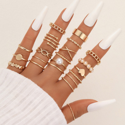  women punk vintage geometry finger ring metal knuckle finger ring jewelry gifts imitation pearl love rings set  - Thumbnail 4