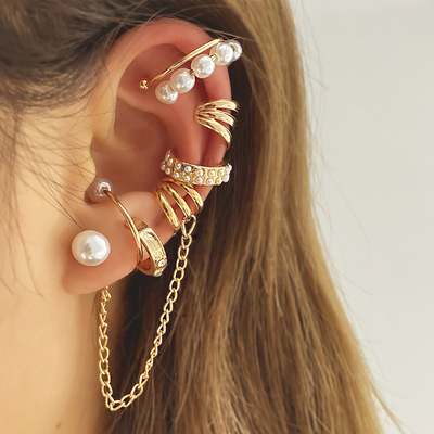 Female Creative Fashion Jewelry Earrings Pearl Tassel Chain Ears Clip Se For Girls Gift