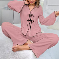 V-neck lace up close cut cardigan, long sleeved pants set, pajamas, home wear - Thumbnail 2