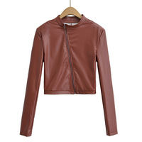 Stand collar slanted placket zipper slim leather jacket - Thumbnail 2