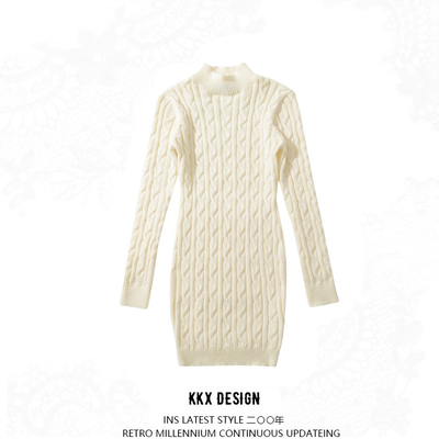 Solid color design backless half turtleneck cable knit dress