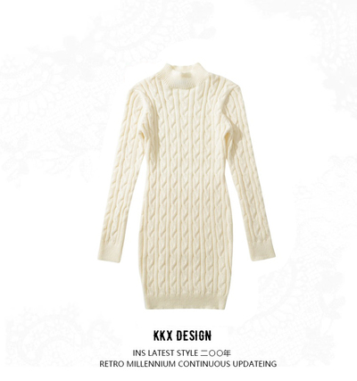 Solid color design backless half turtleneck cable knit dress