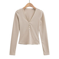 Deep V-neck button-down striped long-sleeved T-shirt - Thumbnail 2