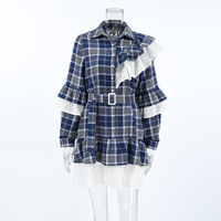 Patchwork waist plaid A-line skirt ruffle dress - Thumbnail 3
