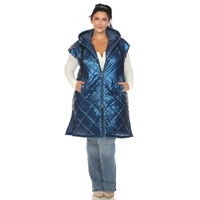 White Mark Women's Metallic Double Zipper Long Puffer Vest with Hood - Thumbnail 2