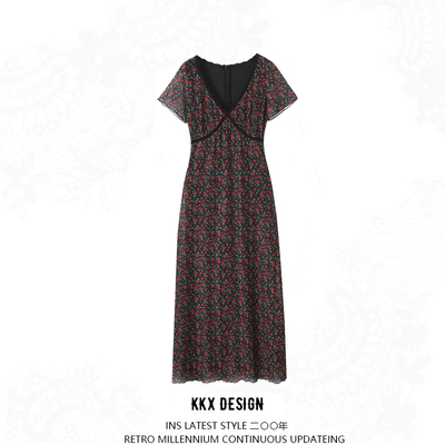 Retro rose floral v-neck queen dress