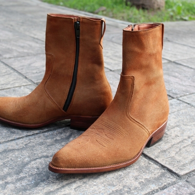 Crafted leather classic handmade men brown suede leather side zipper ankle high pointed toe jodhpur boot 