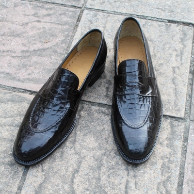 Crafted leather classic crocodile alligator leather moccasin loafers dress shoes - Thumbnail 1