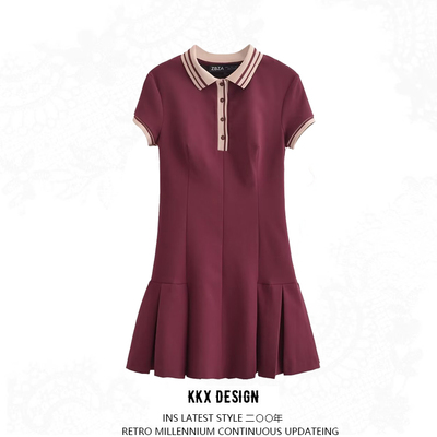 Retro slim waist contrast ribbed wide pleated dress