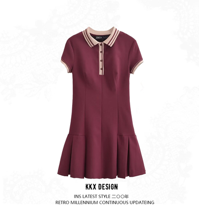 Retro slim waist contrast ribbed wide pleated dress