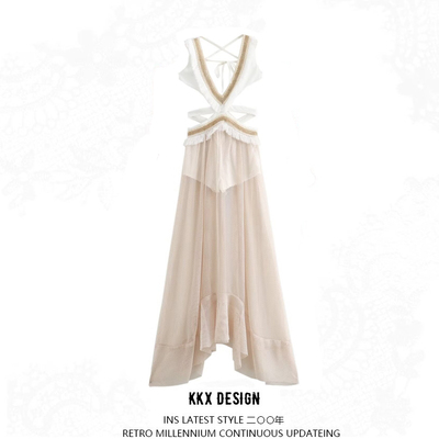 Fashion hollow lace tassel splicing mesh sleeveless dress