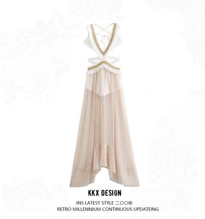 Fashion hollow lace tassel splicing mesh sleeveless dress
