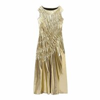 Fashionable and high-end slim-fitting gold pleated sleeveless dress - Thumbnail 2