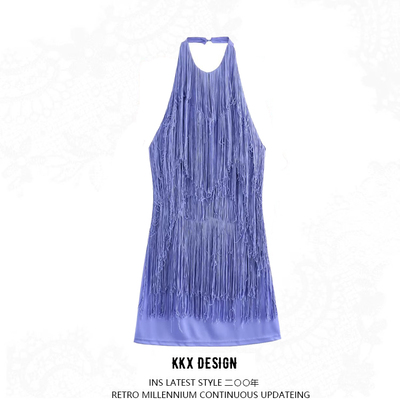 Tassel hottie sexy large backless buttoned halter neck dress