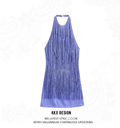 Tassel Hottie Sexy Large Backless Buttoned Halter Neck Dress