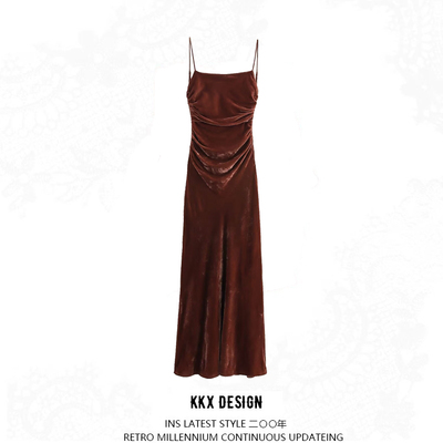 Velvet strap sleeveless pleated midi long dress