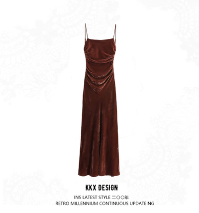 Velvet Strap Sleeveless Pleated Midi Long Dress