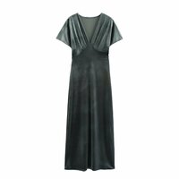 Velvet V-neck short-sleeved long dress - Thumbnail 2
