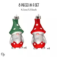 Red and Green Polka Dot Christmas Folksy Gnome Ornament Set, 8 Shatterproof Tree Gnomies - Thumbnail 2