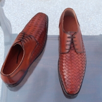 Handmade Men Classic Brown Woven Leather Lace up Dress Shoes - Thumbnail 1