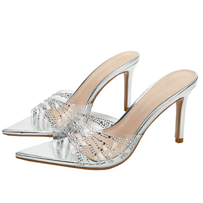 Rhinestone high-heeled slippers pointed open-toed fashion slides sandals