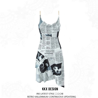 Retro print slim sexy backless irregular hem dress
