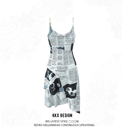 Retro Print Slim Sexy Backless Irregular Hem Dress