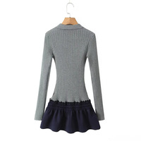 Lapel half-button long-sleeved knitted dress with contrasting drawstring pleated skirt - Thumbnail 1