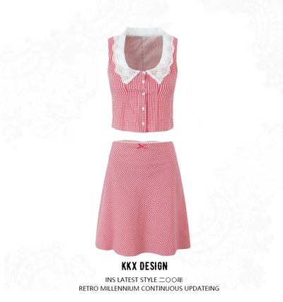Square neck lace sleeveless short belly-exposing vest top for women with niche low waist plaid skirt