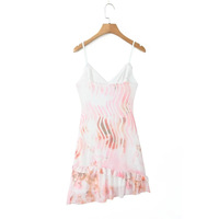 Sexy V-neck ear-edge ribbon dress with pleated slim irregular short skirt - Thumbnail 4