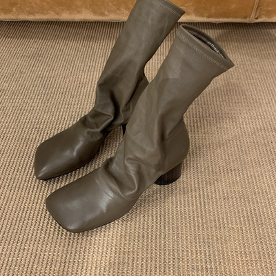 Retro thick heel mid-calf stretch ankle boots 2 colors - Thumbnail 4