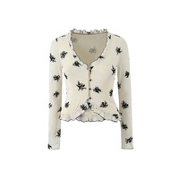 V-neck floral ruffle single-breasted cardigan - Thumbnail 2