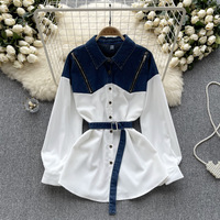 Fashion Women Girls Demin contrast color splicing long sleeve shirt  - Thumbnail 1