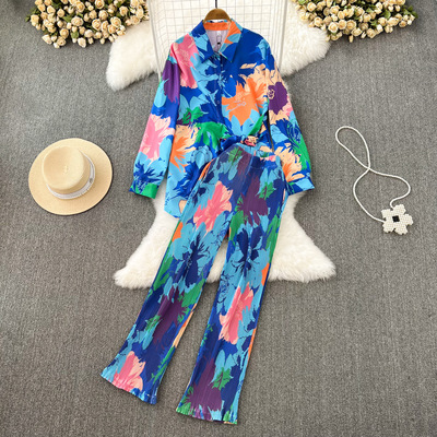 Women's casual loose long sleeved single breasted shirt wide leg trousers